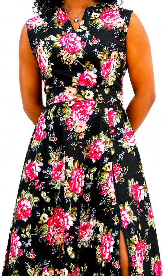 Floral Ankara Slitted Dress (Black and Pink)