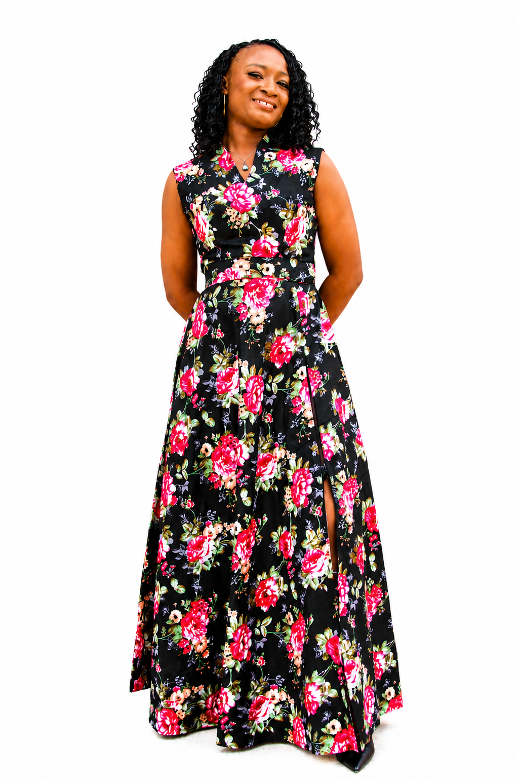 Floral Ankara Slitted Dress (Black and Pink)